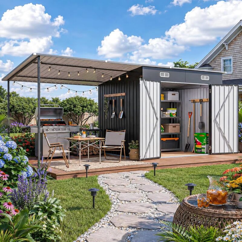 14X6Ft Outdoor Storage Shed & Hardtop Gazebo Combo, Customized