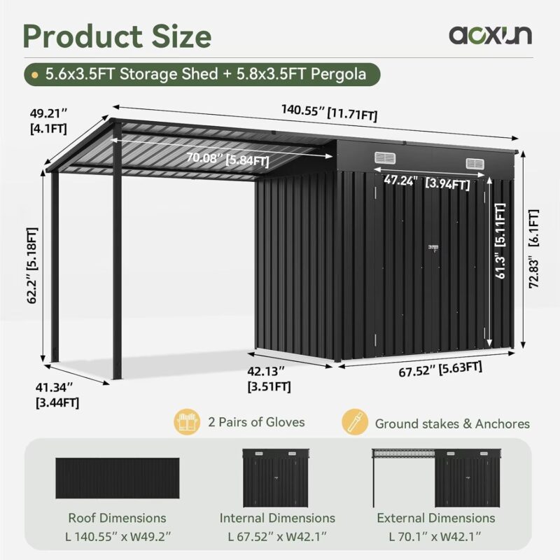 5.6X3.5Ft Outdoor Storage Shed & Hardtop Gazebo Combo | 12X3.5Ft Metal Lean to Shed with Open-Sided Pergola, 2-In-1, Custom