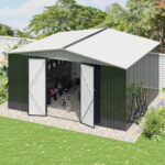 Outdoor Storage Shed 12X14 FT Garden Shed with Lockable Doors Metal Tool Shed for Backyard Patio Lawn White US Stock