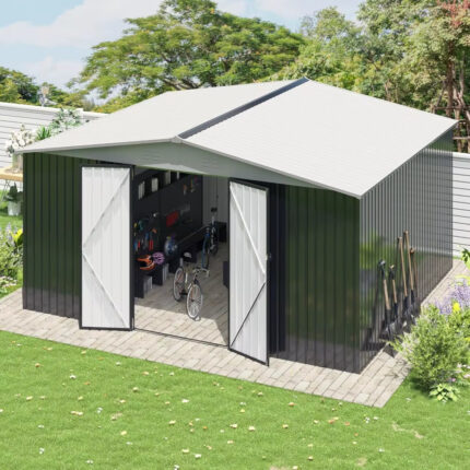 Outdoor Storage Shed 12X14 FT Garden Shed with Lockable Doors Metal Tool Shed for Backyard Patio Lawn White US Stock