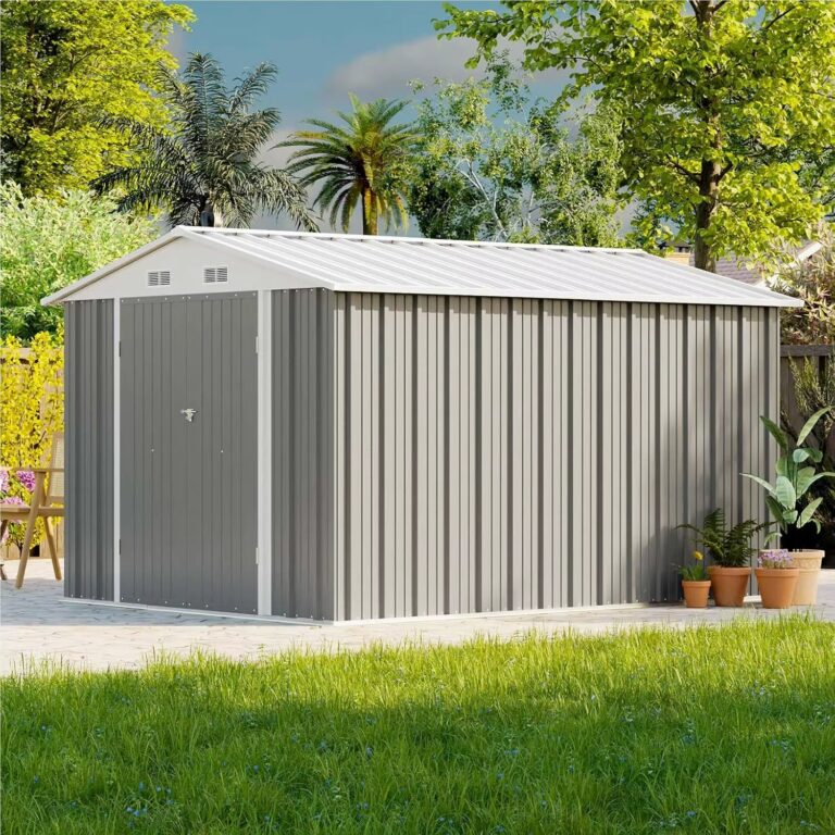 8X10 FT Outdoor Storage Shed, Large Garden Tool Metal Shed, Gray | Outdoor Sheds with Sloping Roof and Double, Customized