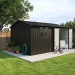 12X10 Ft Metal Storage Shed Large Outdoor Backyard Garden House Double Door Lockable Tool House Window, Black, Customized