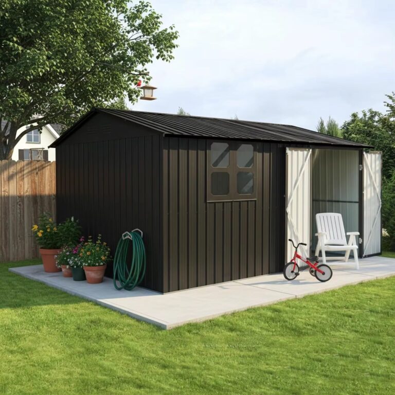 12X10 Ft Metal Storage Shed Large Outdoor Backyard Garden House Double Door Lockable Tool House Window, Black, Customized
