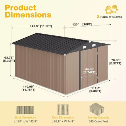 10X12 FT Outdoor Storage Shed with Floor & Lockable Double Doors, Heavy-Duty Galvanized Steel Outdoor Metal Shed, Customized