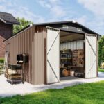 10X12 FT Outdoor Storage Shed with Floor & Lockable Double Doors, Heavy-Duty Galvanized Steel Outdoor Metal Shed, Customized