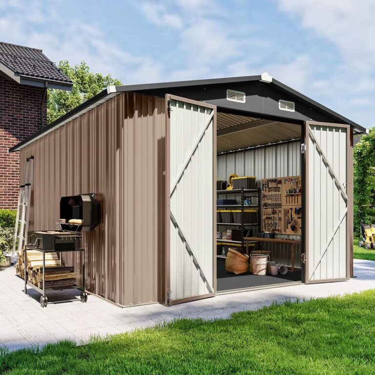 10X12 FT Outdoor Storage Shed with Floor & Lockable Double Doors, Heavy-Duty Galvanized Steel Outdoor Metal Shed, Customized