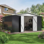 Outdoor Storage Shed 12X14 FT Garden Shed with Lockable Doors Metal Tool Shed for Backyard Patio Lawn White US Stock